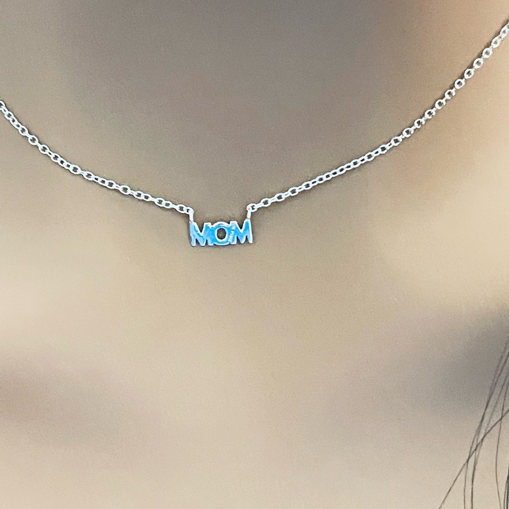Sterling Silver and Blue 'MOM' Necklace